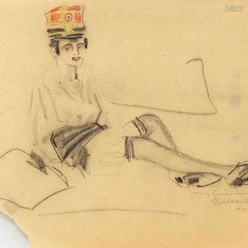 Max Brüning (1887-1968), dessin original d'une femme assise ...