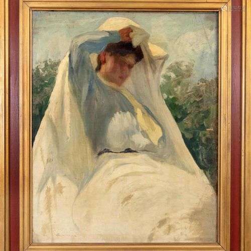 Peintre anonyme vers 1900, femme avec un tissu blanc, grande...