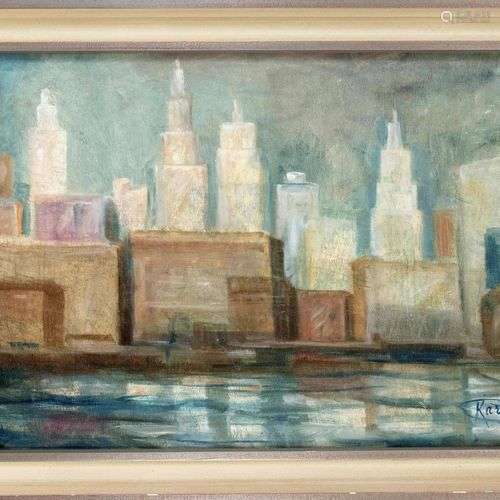 signé Karup, milieu du 20e siècle, vue de Manhattan, huile s...