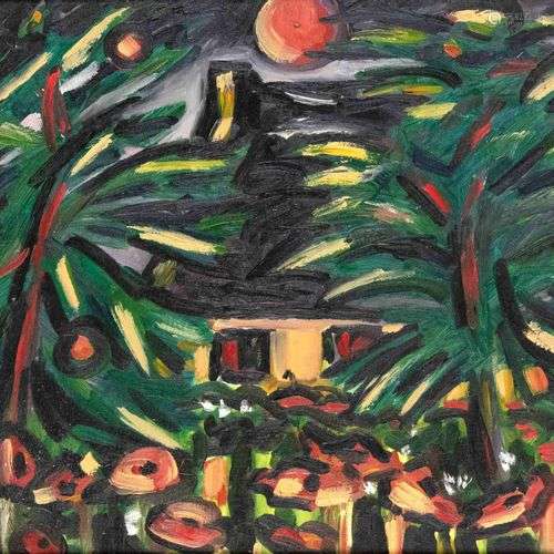 Peintre anonyme c. 1960, scène de jardin expressive, huile s...