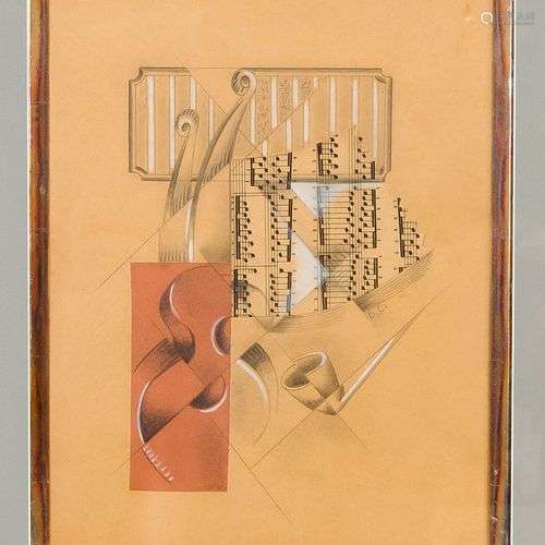 Monogrammé B.C., 20e siècle, nature morte cubiste avec sujet...