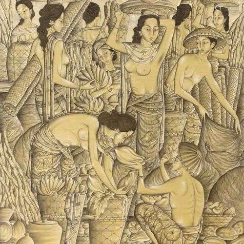 W. Durus, artiste balinais du 20ème siècle, scène de marché ...