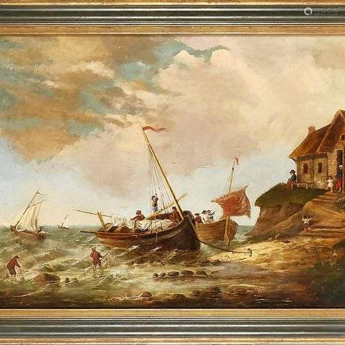 Peintre français du 19ème siècle, paysage côtier avec des pê...