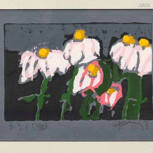 Klaus Fussmann (*1938), Blumenstück, linogravure couleur sur...