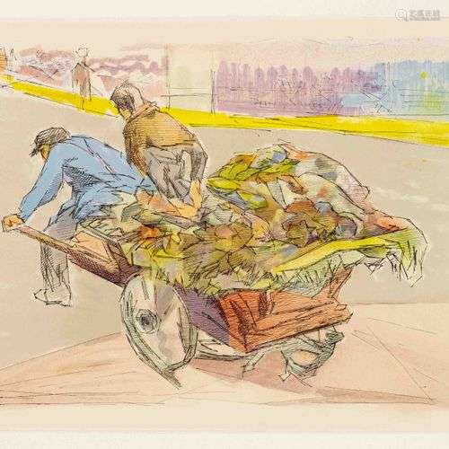 Jacques Villon (1875-1963), deux hommes tirant une charrette...