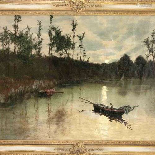L. Kohtz, peintre c. 1900, Pêcheur au bord du lac par une nu...