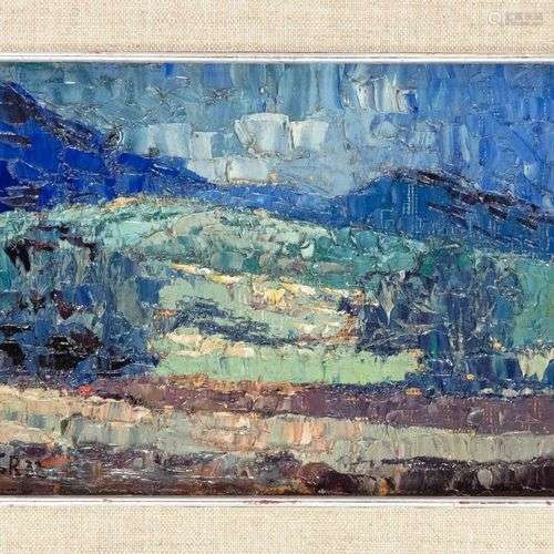 monogramme CR c. 1930, paysage impressionniste, empâtement à...