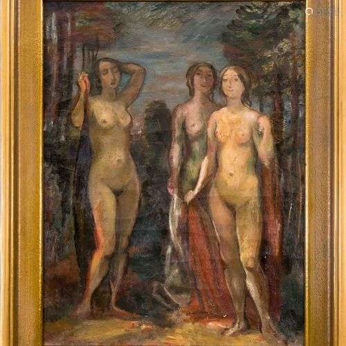 Peintre anonyme vers 1920, Les Trois Grâces. Trois nus fémin...