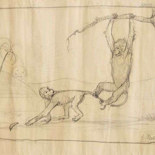 Arno Mohr (1910-2001), œuvre de jeunesse de 1935, deux singe...