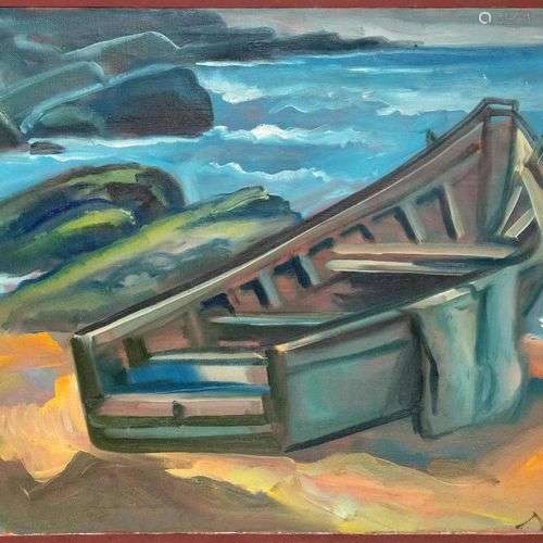 Peintre russe fin du 20ème siècle, Bateau sur la plage, huil...