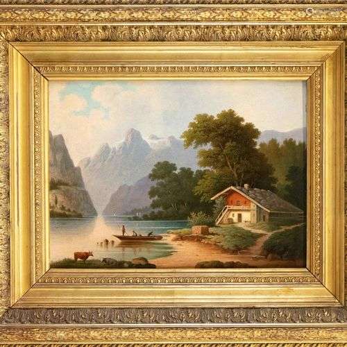 A. Jahl, fin du 19e s., paysage de montagne idyllique, huile...