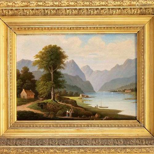 A. Jahl, fin du 19e s., paysage de montagne idyllique, huile...