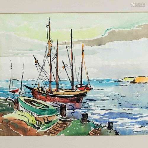 Hans Klatt (1876-1936), scène côtière avec voiliers ancrés, ...