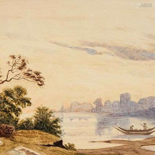K. Pfaue, peintre allemand c. 1900, Paysage de rivière avec ...