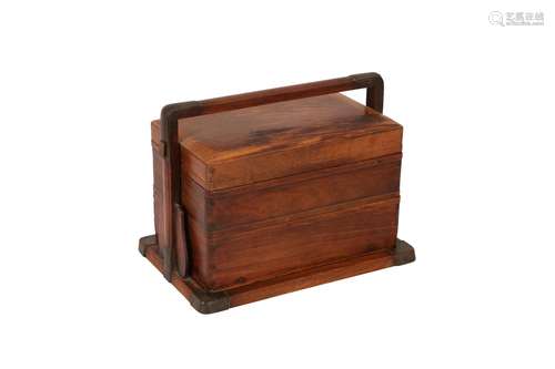 A CHINESE HARDWOOD PICNIC BOX.