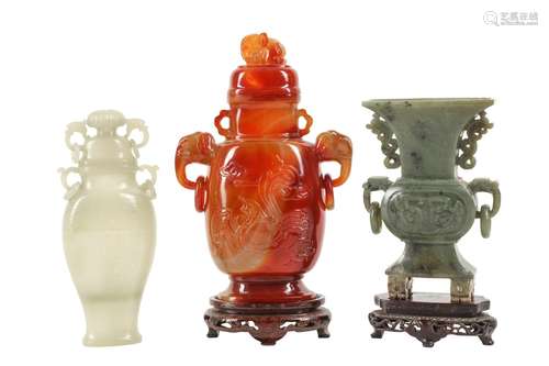 THREE CHINESE CARVED HARDSTONE VASES.