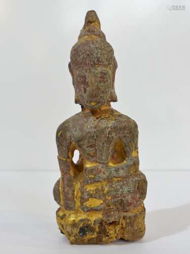 Intéressant Bouddha naïf en bois érodé partiellement doré as...