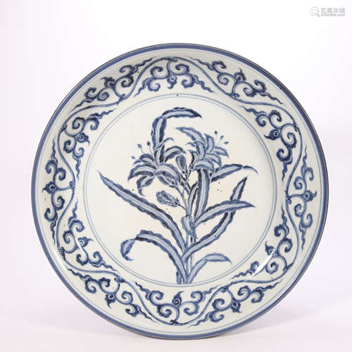 Blue and White Kiln Plate with Flower Grain from Ming