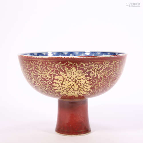 Coral Glazed Tracing Golden High Cup from Ming