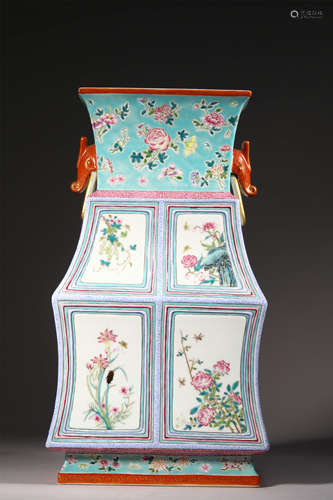 Famille Rosed Squared Mouth Vase from QianLong Qing