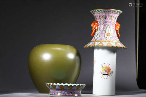 Famille Rosed Green Glazed Vase from Qing