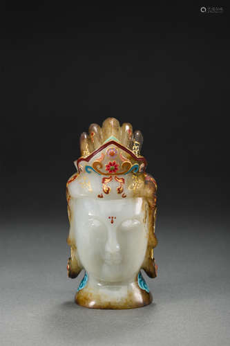 Jade Tracing Colored Buddha Head from Ancient China