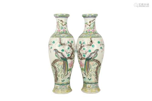 A PAIR OF VERY LARGE FAMILLE ROSE 'BIRDS AND FLOWERS&#x...