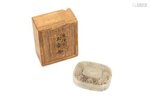 A CHINESE PALE CELADON JADE RECTANGULAR INCENSE BOX AND COVE...