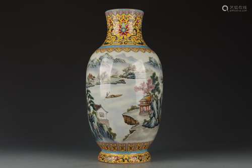 CHINESE FAMILLE ROSE LANDSCAPE LANTERN VASE