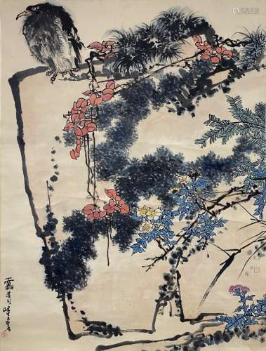 CHINESE PAINTING OF FLOWERS & EAGLE, PAN TIANSHOU