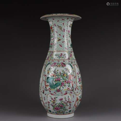 FAMILLE ROSE OPEN FACE 'BIRD AND FLOWER' VASE