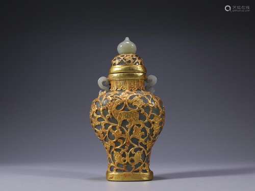 GILT-FILED JADE CARVING LIDDED VASE