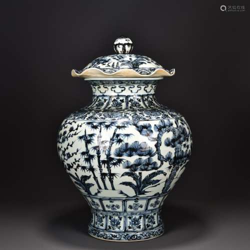 BLUE AND WHITE PORCELAIN JAR WITH LOTUS-RIM LID