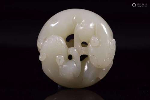 CHINESE CREAMY JADE CARVING OF DOUBLE BEASTS