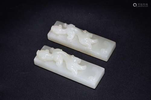 PAIR OF WHITE JADE CARVING OF DRAGON PAPERWEIGHTS