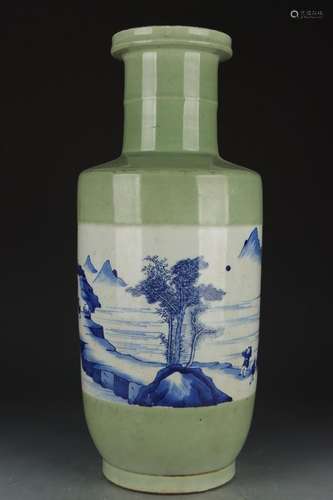 CELADON GROUND BLUE & WHITE LANDSCAPE ROULEAU VASE