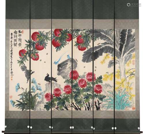 SIX-PANEL PAINTINGS OF BIRD AND FLOWER, QI BAISHI