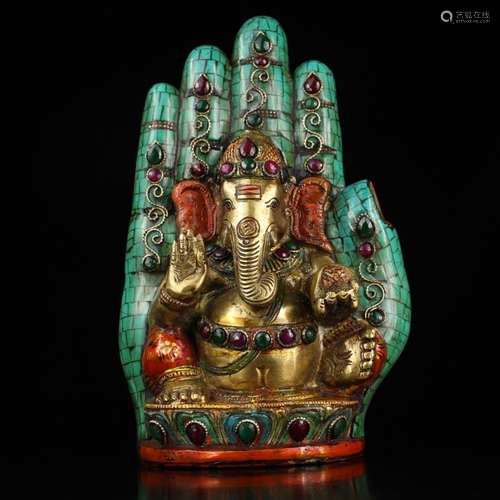 TIBETAN GEMSTONE INLAID BRONZE GANESHA