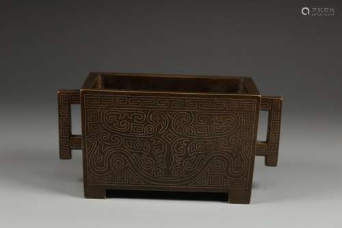 TAOTIE PATTERN-ENGRAVED SQUARE BRONZE CENSER