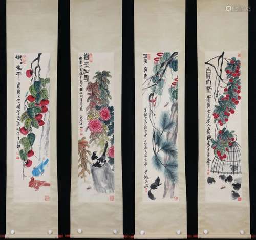 FOUR-PANEL PAINTINGS OF BIRD AND FLOWER, QI BAISHI