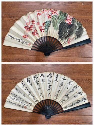 A 'FLOWER & CALLIGRAPHY' FOLDING FAN, QI BAISHI