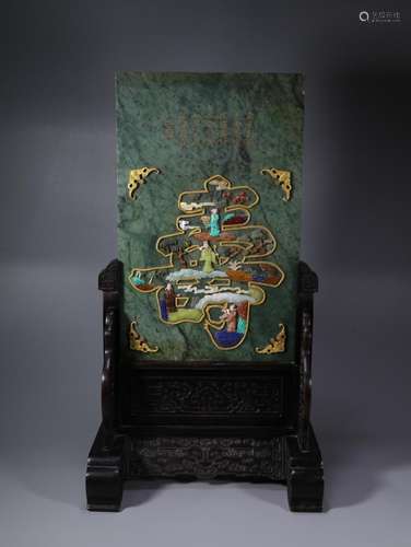 GEMSTONE-INLAID JASPER CARVING TABLE SCREEN