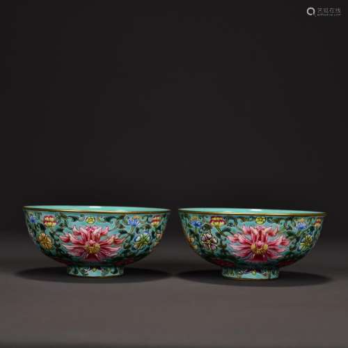 PAIR OF GREEN GROUND ENAMELED FLORAL BOWLS