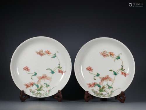 PAIR OF FAMILLE ROSE FLOWER PORCELAIN PLATES