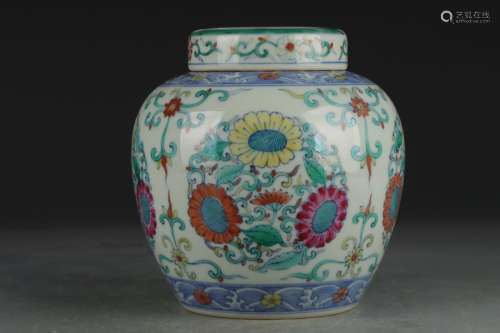 BLUE AND WHITE DOUCAI FLORAL LIDDED JAR