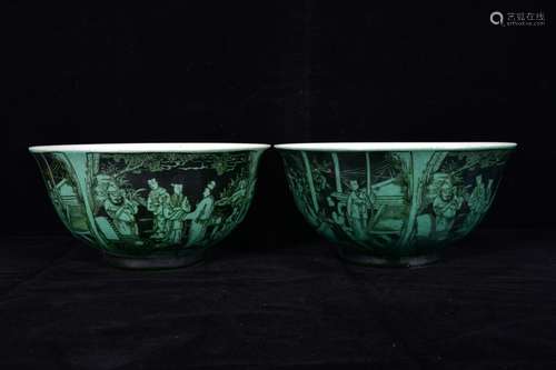 CHINESE GREEN GLAZED FIGURE PORCELAIN BOWL