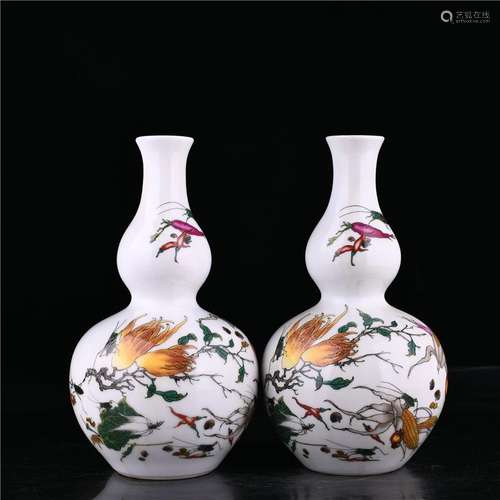 PAIR ENAMELED FRUIT & VEGETABLE DOUBLE GOURD VASES