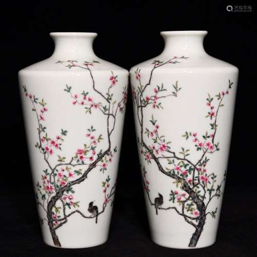 PAIR OF FAMILLE ROSE BIRD AND FLOWER VASES