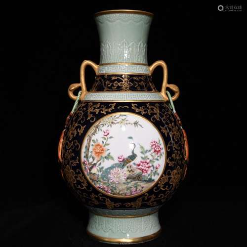 CELADON FAMILLE ROSE DOUBLE EAR GOLD-PAINTED VASE