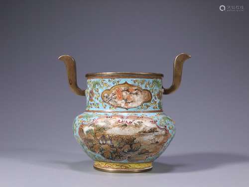 ENAMELED OPEN FACE 'LANDSCAPE' BRONZE CENSER